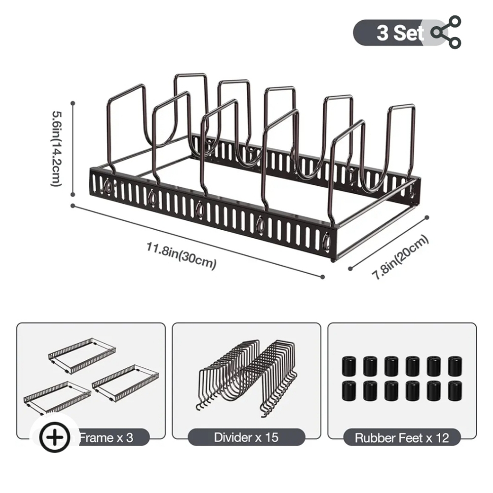 Puricon 15 Adjustable Dividers Pot Rack Pan Lid Organizer, 3 in 1 set Bronze H1